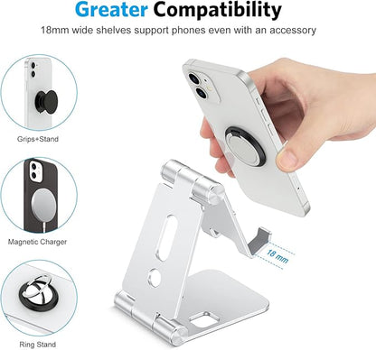 OMOTON Foldable Cell Phone Stand, C4 Portable Aluminum Phone Holder, Adjustable Phone Dock Cradle Compatible with iPhone 17/16/15 Pro Max Air, Samsung Galaxy, Small Tablets, All Smart Phones, Silver