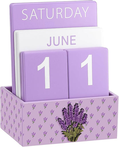 Purple Lavender Wood Block Perpetual Calendar Coquettish Desk Decor Cute Month Week Date Display Decorative Block Calendar for Women Office Home Desk Gift for Women