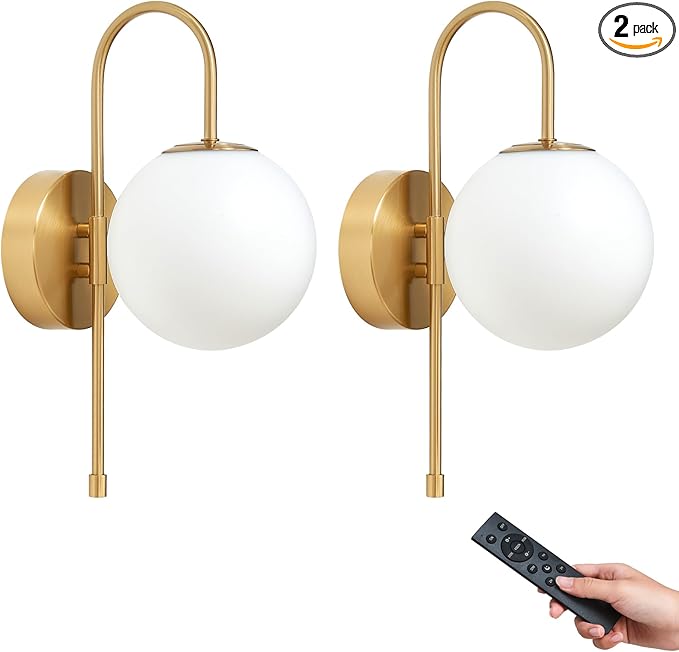 Battery Operated Globe Wall Sconces Set of 2, Wireless Gold Wall Lights with Remote Control, Rechargeable 3 Color Stepless Dimming Gooseneck Wall Decor Lamp for Bedroom Living Room Hallway