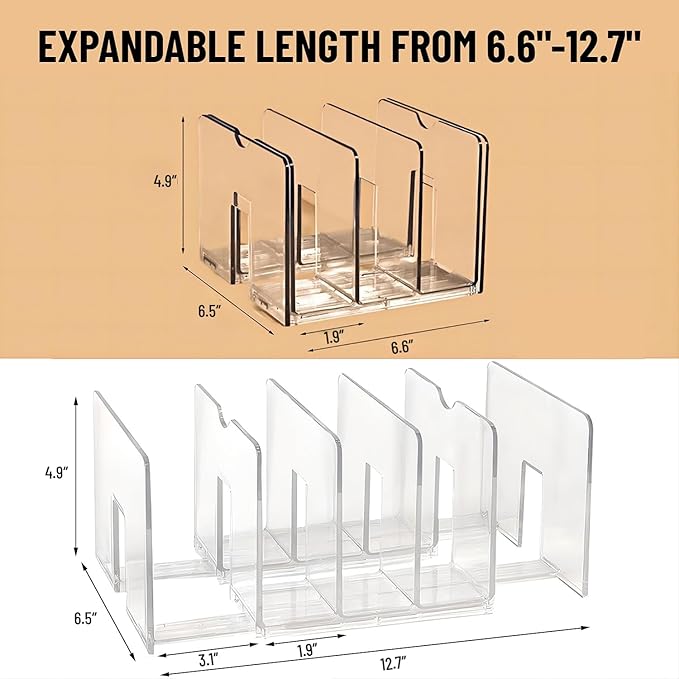 Sylfaen 2-Pack Clear Desktop File Organizer, Expandable Acrylic File Sorter Auto Rebound, Multifunction 5 Sections File Folder Holder for Magazines, Books, Letters, Papers, Notebooks