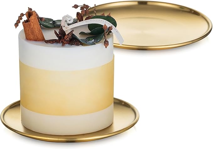 Romadedi Gold Pillar Candle Holders Decor - 5.5 Inch Round Candle Tray Decorative Brass Metal Plate Candle Srand for 3 Wick Candles Jars for Coffee Table Countertop Home Decorations, Set of 2