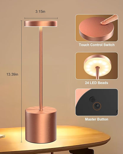 Cordless Table Lamps Rechargeable, Portable LED Desk Lamp, 5000mAh Battery Powered Wireless Table Light - 3 Color Dimmable Lighting for Restaurant Dining Patio Outdoor Bedroom(Rose Gold)