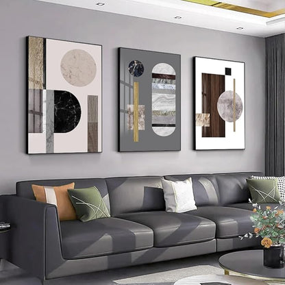 QKF Bright Extra Large Framed Canvas Wall Art For Living Room Wall Decor Home Modern Abstract Prints Large wall pictures geometric round square Wood Grain Brown（24"X32"X3 pieces）