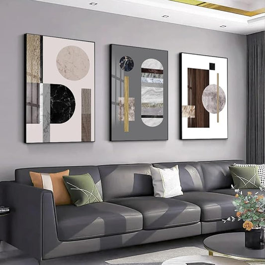 QKF Bright Extra Large Framed Canvas Wall Art For Living Room Wall Decor Home Modern Abstract Prints Large wall pictures geometric round square Wood Grain Brown（24"X32"X3 pieces）