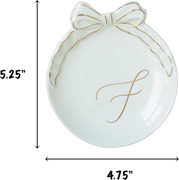 COLLECTIVE HOME - Personalized Initial Ceramic Jewelry Tray with Bow, Christmas Gift Ideas for Women, Small Gift for Girlfriend Wife, Ring Holder, Earrings Dish, Birthday Gift for Her (F)