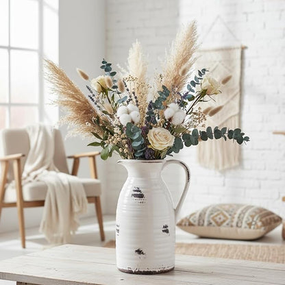 hjn Farmhouse Pitcher Vase for Flowers- Ceramic Pitcher Vase Decrative Pitchers for Your Kitchen/Home Decor/Office/Living Room/Bookshelf/Mantel/-White and Antique