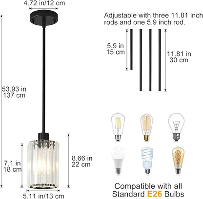 Crystal Pendant Lights for Kitchen Island, 2 Pack Modern Black Kitchen Pendant Light Fixtures, Mini Crystal Hanging Lights for Kitchen, Dining Room, Hallway, Foyer, Entryways