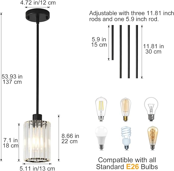 Black Pendant Light Fixtures, 3 Pack Crystal Kitchen Pendant Lighting Over Island, 1-Light Mini Modern Pendant Lights for Kitchen Island, Dining Room, Hallway, Foyer, Entryways