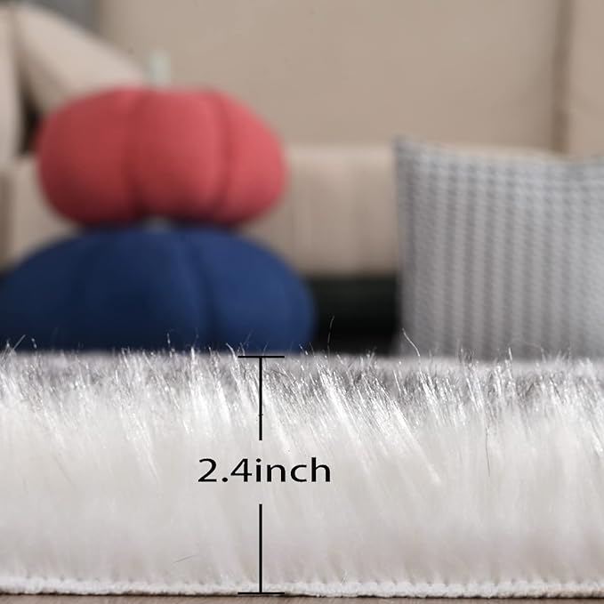 Grey and White Washable Shaggy Round Rug 5ft Circle Faux Sheepskin Furry Fur Rugs for Bedroom Nursery Rug