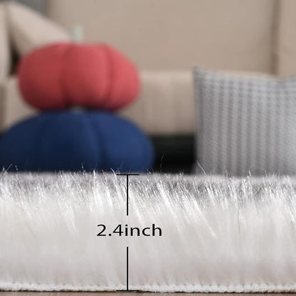 Grey and White Plush Shag Washable Rugs for Bedroom Faux Sheepskin Fur Furry Carpet for Living Room 2x6 Nursery Rug Runner