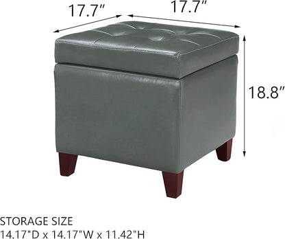 Adeco Bonded Leather Square Tufted Cubic Cube Footstool, 18" Height Storage Ottomans, with Lid, Cement Grey