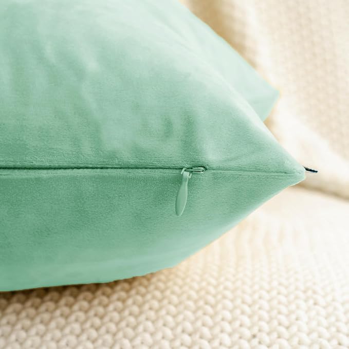 HWY 50 Aqua Green Velvet Throw Pillow Covers 18x18 Inch, Pack of 2 Soft Cozy Solid Decorative Luxury Cushion Cases for Couch Sofa Bed Living Room Bedroom