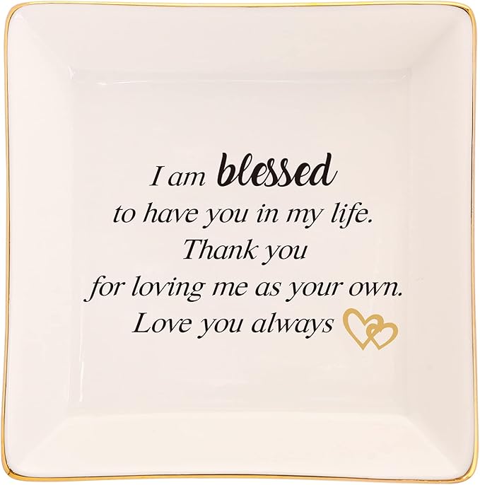 Mothers Day Birthday Gifts for StepMom Bonus Mom,Mother in Law Gift-Ceramic Ring Dish, Jewelry Tray, I am Blessed to Have You in My Life,Thank You for Loving Me as You Own…