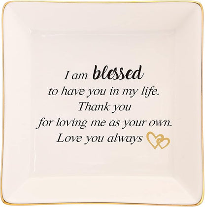 Mothers Day Birthday Gifts for StepMom Bonus Mom,Mother in Law Gift-Ceramic Ring Dish, Jewelry Tray, I am Blessed to Have You in My Life,Thank You for Loving Me as You Own…