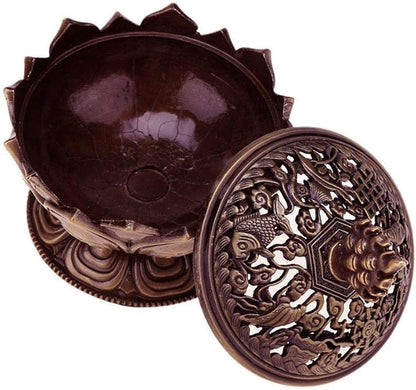 Secret for Longevity Copper Bronze Antique Chinese Asian Style Lotus Flower Incense Burner Pot w/Stick Cone Coil Holder w/White Sage Cones Zen Buddha Buddhist Meditation Decor Gift Set
