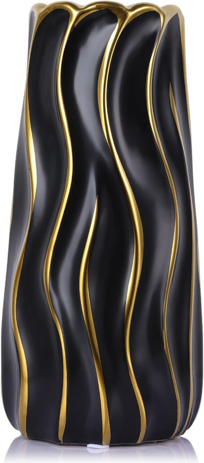 11.5" Black Ceramic Vase - Minimalist Black and Gold Flower Vase, Large Pampas Grass Vase, Boho Decorative Centerpiece Vase for Home Decor, Wedding, Housewarming, Table, Shelf, Mantel, and Entryway