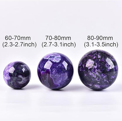 JIC Gem Purple Moss Agate Crystal Sphere Large Purple Crystal Ball with Stand Healing Ornament Witchcraft Meditation Decor 2.3-2.7 inch(60-70mm)