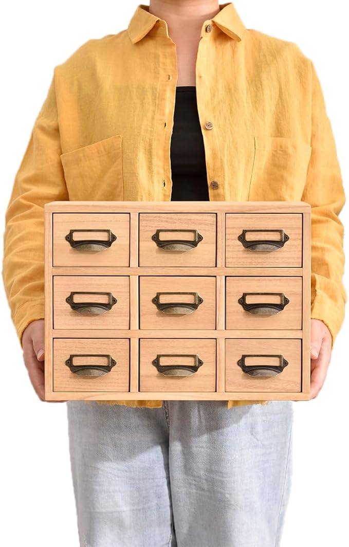 KIRIGEN Wood Drawer Organizer Desktop Storage Cabinet Box Drawers for Home Office Desk Organization and Storage 9 Drawer Mini Chest with Metal Handles Natural (9CG-NA)