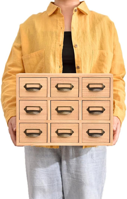 KIRIGEN Wood Drawer Organizer Desktop Storage Cabinet Box Drawers for Home Office Desk Organization and Storage 9 Drawer Mini Chest with Metal Handles Natural (9CG-NA)