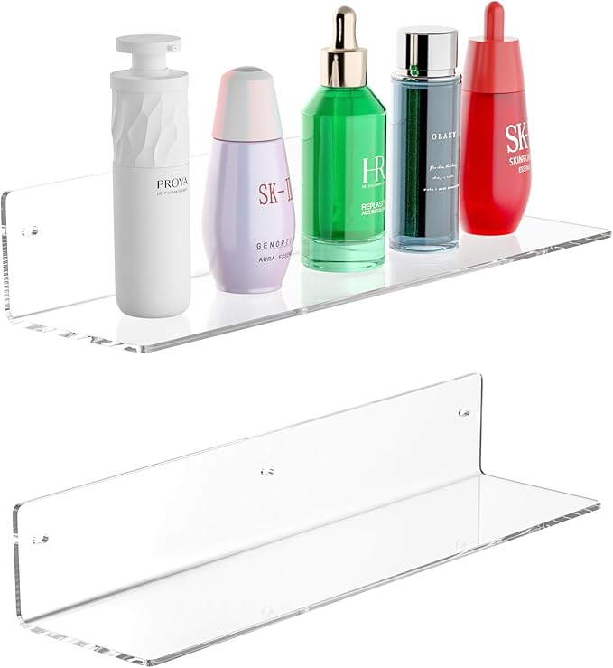 Sezanrpt 16 Inches Clear Acrylic Shelves, Wall Mounted Organizer Shelves for Bedroom, Clear Wall Storage Shelves for Cosmetics, Skincare, Router, Doll, Toiletries, Helmets, 2 Pack
