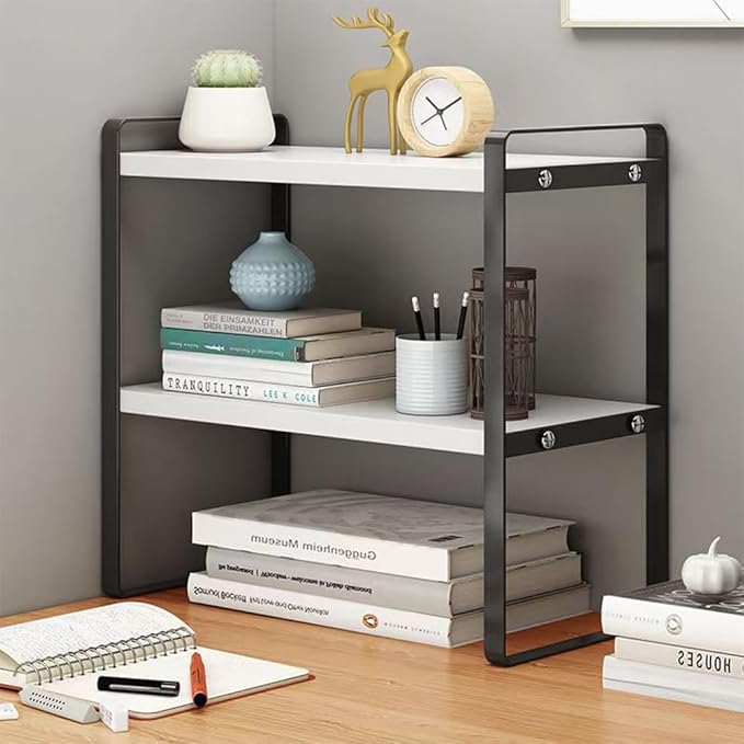 Hbluefat Desktop Organizer Shelf, 2-Tier Multipurpose Tabletop Storage Bookshelf, Small Wooden Countertop Storage Rack for Home Office Kitchen (White+Black)