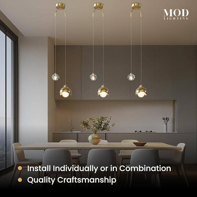 𝗠𝗢𝗗 𝗟𝗜𝗚𝗛𝗧𝗜𝗡𝗚 Diana | Modern Gold Pendant Light Fixtures, Hanging Lights for Kitchen Island, Bedroom Lighting for Tracking, Dimmable LED Bulbs, 1-Pack (Gold & Crystal | 79" | Warm White)