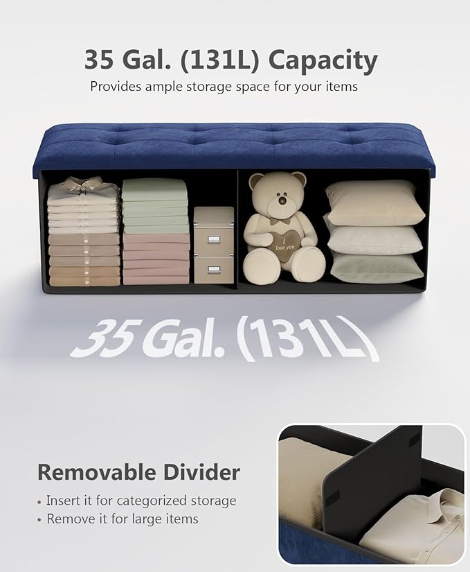 Folding Storage Ottoman Bench, Multi-Functional Ottoman Foot Rest, End of Bed Bench, Storage Chest for Living Room, Bedroom, Hallway, Entryway, Holds Up to 600 lbs (Navy Blue, 43 Inches)
