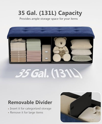 Folding Storage Ottoman Bench, Multi-Functional Ottoman Foot Rest, End of Bed Bench, Storage Chest for Living Room, Bedroom, Hallway, Entryway, Holds Up to 600 lbs (Navy Blue, 43 Inches)