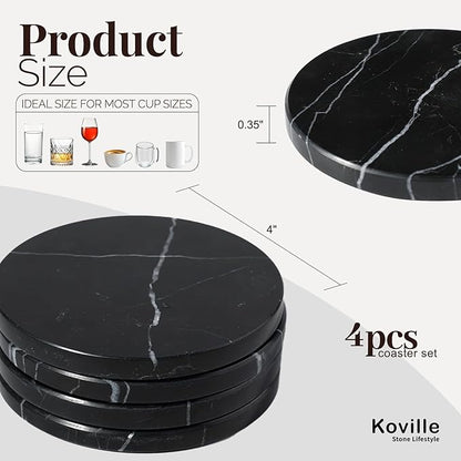 Koville Marble Coaster Set of 4, Round Coasters, 4" Stone Coaster for Drinks Coffee, White Marble Coasters for Coffee Table Home Bar Decor, Heat Resistant, Gift Choice(Black)