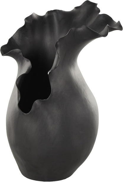 Deco 79 Ceramic Abstract Decorative Vase Floral Inspired Centerpiece Vase with Wavy Edge, Flower Vase for Home Decoration 10" x 8" x 16", Black