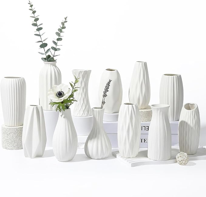 BEAHOT Ceramic Bud Vases Set of 12 - Matte Mini White Jars Bulk | Small White Ceramic Vases for Centerpieces, Wedding Floral Arrangements, DIY Crafts & Boho Table Decor (No Repeating Designs)