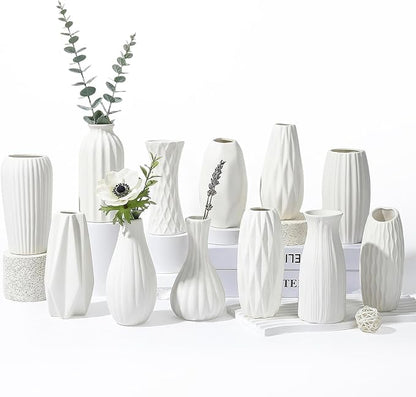 BEAHOT Ceramic Bud Vases Set of 12 - Matte Mini White Jars Bulk | Small White Ceramic Vases for Centerpieces, Wedding Floral Arrangements, DIY Crafts & Boho Table Decor (No Repeating Designs)