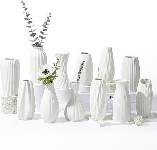 BEAHOT Ceramic Bud Vases Set of 12 - Matte Mini White Jars Bulk | Small White Ceramic Vases for Centerpieces, Wedding Floral Arrangements, DIY Crafts & Boho Table Decor (No Repeating Designs)
