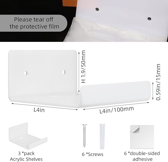 3 Pack Acrylic Small Shelf for Wall Storage,4'' Mini Adhesive Shelf for Living Room,Bathroom,Bedroom,White Color (Adhesive&Drilling)