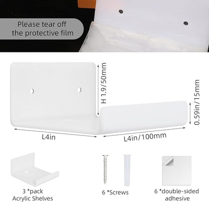 3 Pack Acrylic Small Shelf for Wall Storage,4'' Mini Adhesive Shelf for Living Room,Bathroom,Bedroom,White Color (Adhesive&Drilling)