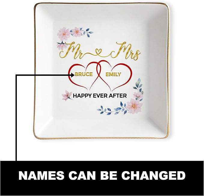 Personalized Couple Ring Dish Engagement Gifts for Wedding, Mr and Mrs Jewelry Tray, Ceramic Ring Holder, Bridal Shower Gift for Wife Husband, Romantic Love Gift for Married Couples