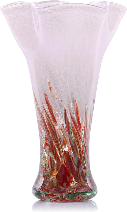 9.0" H Pink Glass Vases for Flowers, Hand Blow Glass Vase Pink Home Decor, Wide Mouth Red Flower Vase Centerpieces, for Bookshelf,Dinner Table,Indoor Office Desktop,Meeting Room,Bathroom,Countertop