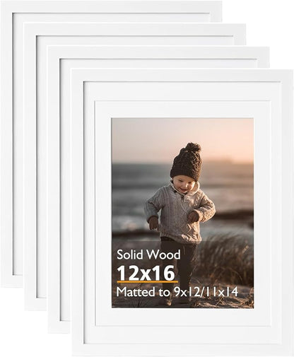 KINLINK 12x16 Picture Frame White - Solid Wood Frames with Acrylic Plexiglass for Pictures 11x14/9x12 with Mat or 12x16 without Mat, Wall Display Photo Frame, Set of 4
