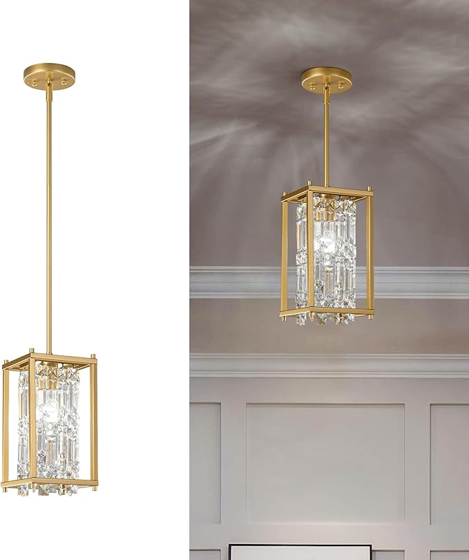 LMQNINE Modern Gold Pendant Light Fixtures for Kitchen Island, Crystal Chandelier Lights Fixture, Elegant Adjustable Pendant Lighting for Dining Room Bedroom (Square 1-Light)