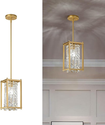 LMQNINE Modern Gold Pendant Light Fixtures for Kitchen Island, Crystal Chandelier Lights Fixture, Elegant Adjustable Pendant Lighting for Dining Room Bedroom (Square 1-Light)