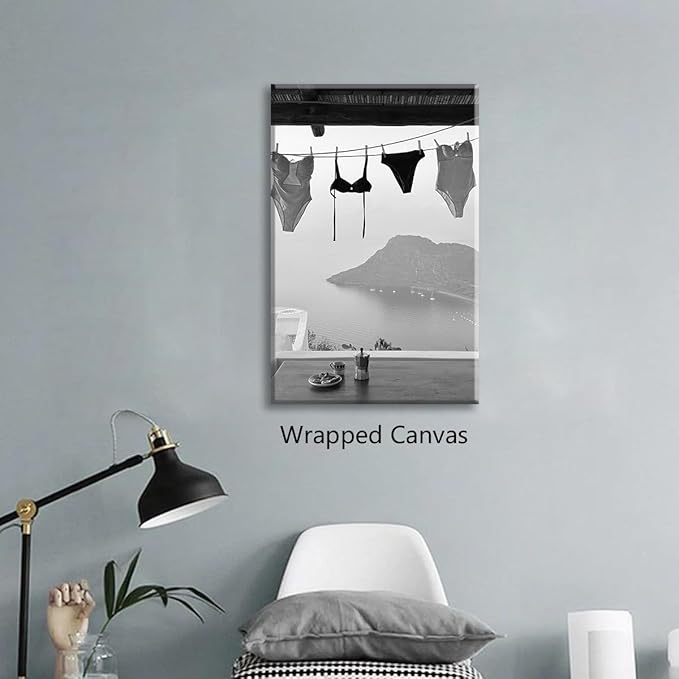 Black and White Photography Canvas Wall Art, Summer Coastal Hanging Bikini Aesthetic Poster, Vintage Trendy Beach Landscape Picture, Museum Photo Art Coastal Print for Bedroom 8x12in Wrapped Canvas