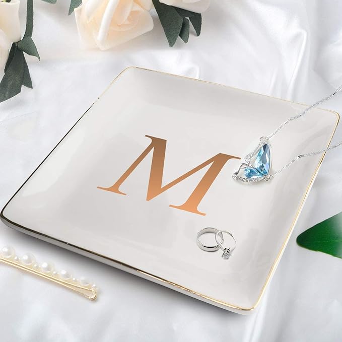 ANOTION Jewelry Tray Ring Dish with Ini-tial Gift- Personalized Trinket Dish and Jewelry Dish with Gold Initials Key Bowl Ceramic Holder, Unique Wedding or Engagement Present
