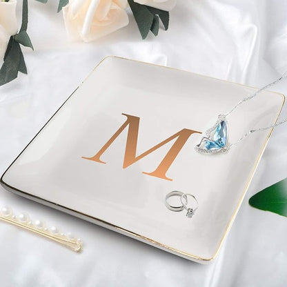 ANOTION Jewelry Tray Ring Dish with Ini-tial Gift- Personalized Trinket Dish and Jewelry Dish with Gold Initials Key Bowl Ceramic Holder, Unique Wedding or Engagement Present