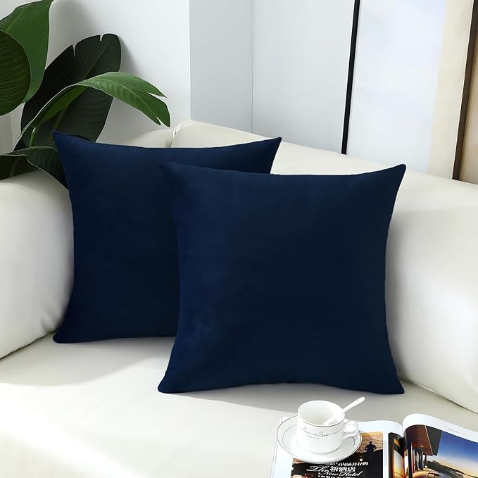 mixeoo Comfy Dark Blue Throw Pillow Covers Decorative Square Velvet Super Soft Navy Cushion Couch Cases Decor, Set of 2, 18 x 18 Inch