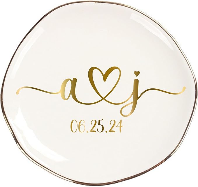 Personalized Ceramic Gold Trim Jewelry Tray Bridesmaid Wedding Engagement Gifts Jewelry Dish Decorative Trinket Custom Ring Dish With Name Couple Initials (Style B)
