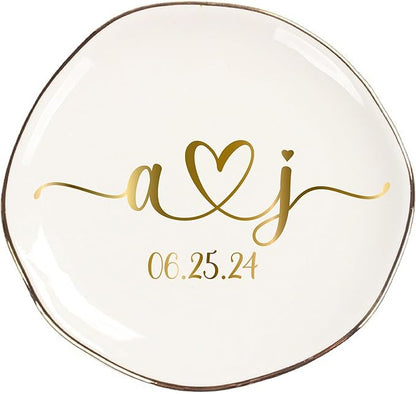 Personalized Ceramic Gold Trim Jewelry Tray Bridesmaid Wedding Engagement Gifts Jewelry Dish Decorative Trinket Custom Ring Dish With Name Couple Initials (Style B)