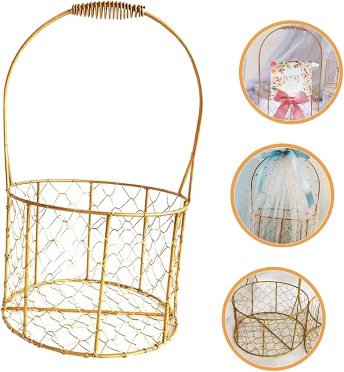 Flower Basket with Handle Decorative Iron Wire Storage Basket for Wedding Fruits Home Organization Stylish Round Design for Home Decor Present Giving