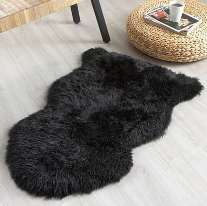 HUAHOO Premium Genuine Sheepskin Rug Black Real Australia Sheepskin Natural Luxury Fluffy Lambskin Fur Area Rug Seat Covers for Kids Bedroom Sofa Chair Cover Pets Dogs Mat Single Pelt/2'x 3' Black