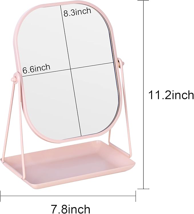 Rotating Metal Makeup Mirror with Storage, Vanity Mirror for Desk, Bathroom, Bedroom, Dressing Table (Pink)