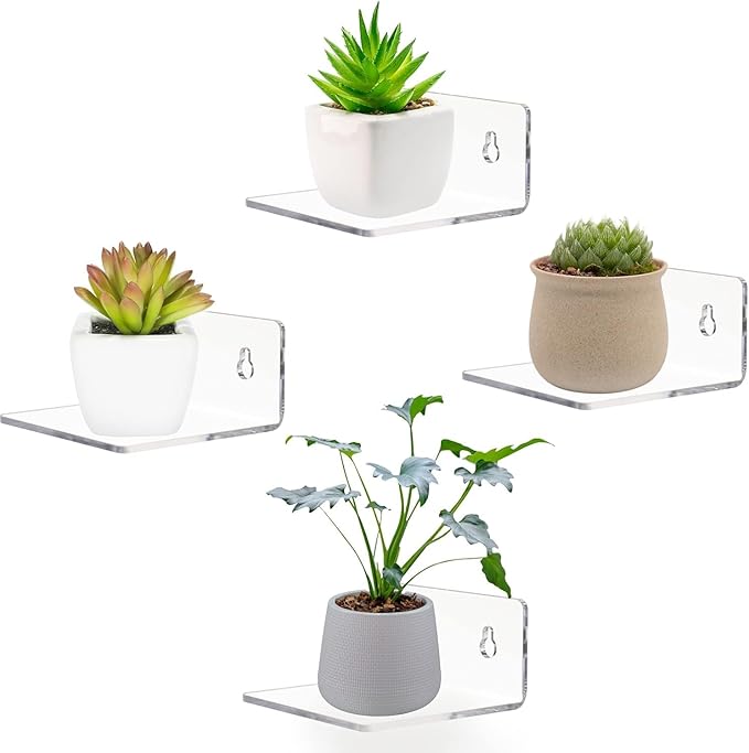 Acrylic Wall Shelves,Clear 4 inch Floating Shelves for Display,Ledges Pop Figures,Plant,Tiny Wall Mounted Transparent Shelf Small Invisible Shelves with Adhesive for Bedroom Living Room Decoration